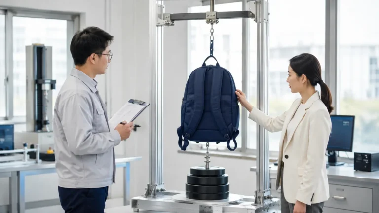 Buyer and technician observing a backpack strap strength test