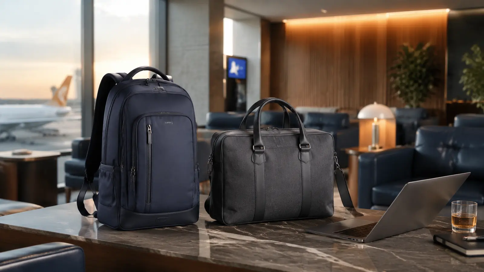 Professional backpack and briefcase in an airport lounge