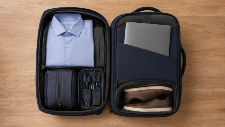A structured business travel backpack can bridge airport mobility and client-facing use.