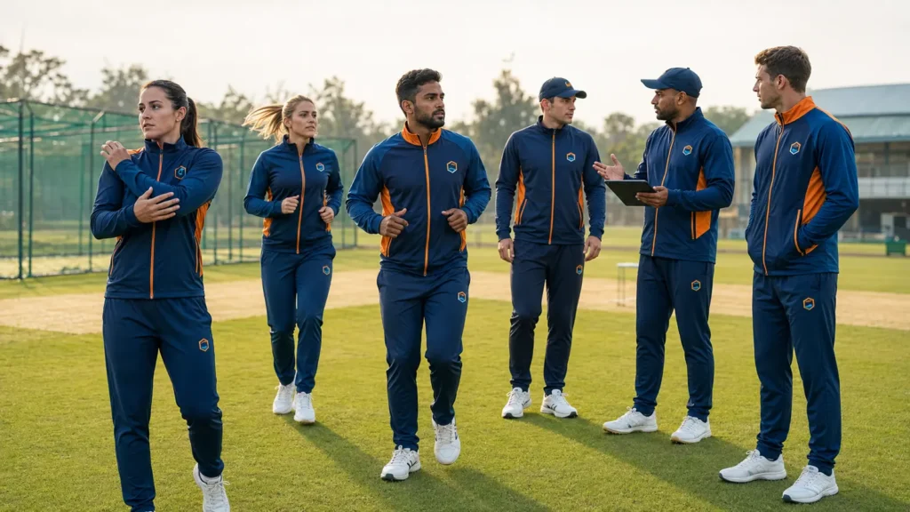 Coordinated jackets give players and staff a consistent layer for arrival, warm-up, training and travel.