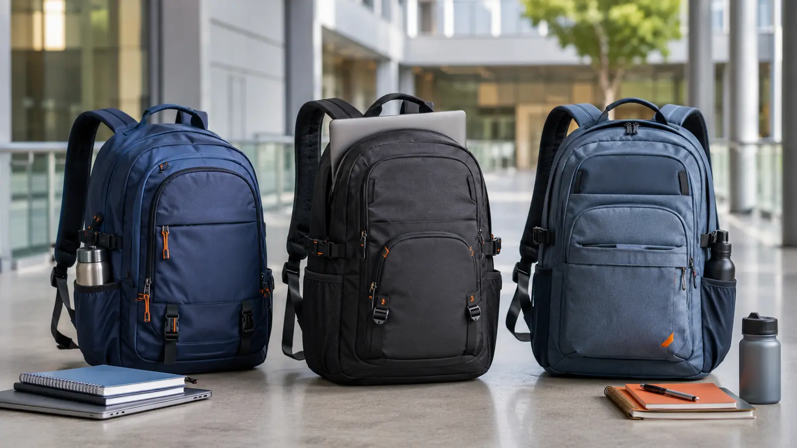 Three large-capacity school backpacks with laptop, notebooks and water bottles on a modern campus