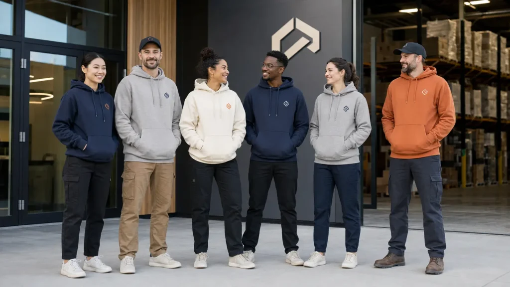 A coordinated hoodie program can create a common identity while allowing different colors and silhouettes for different roles.