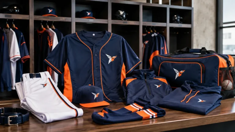 A coordinated baseball team uniform package with jerseys, pants, caps, socks, outerwear, and bags
