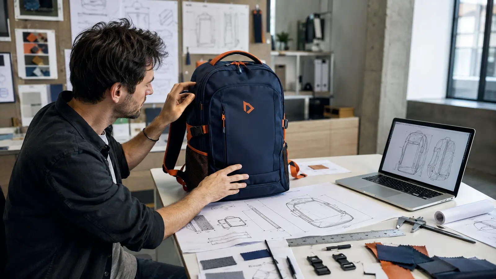 A product developer reviewing a custom backpack prototype with technical drawings and material swatches