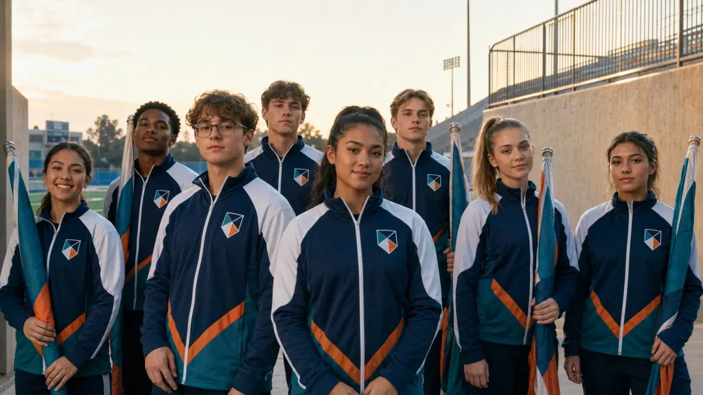 Color guard performers wearing coordinated custom team jackets before rehearsal