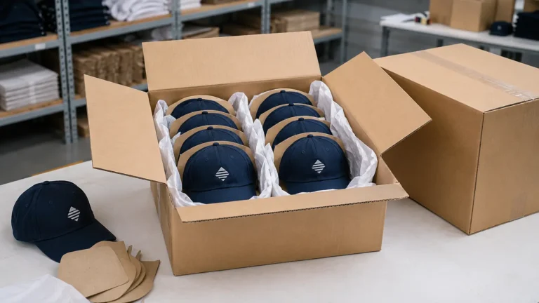 A controlled pack-out supports cap crowns and brims while keeping movement and carton volume within an agreed range.