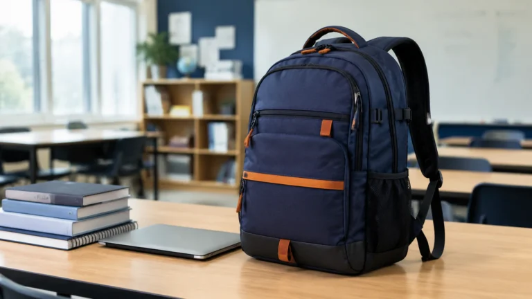 Durable navy school backpack with padded shoulder straps, reinforced base, books and laptop in a modern classroom