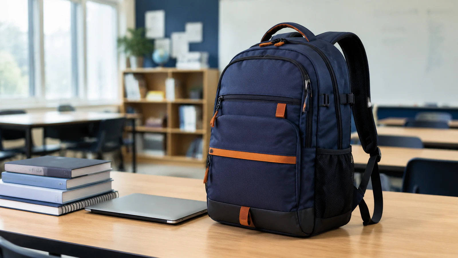 Durable navy school backpack with padded shoulder straps, reinforced base, books and laptop in a modern classroom
