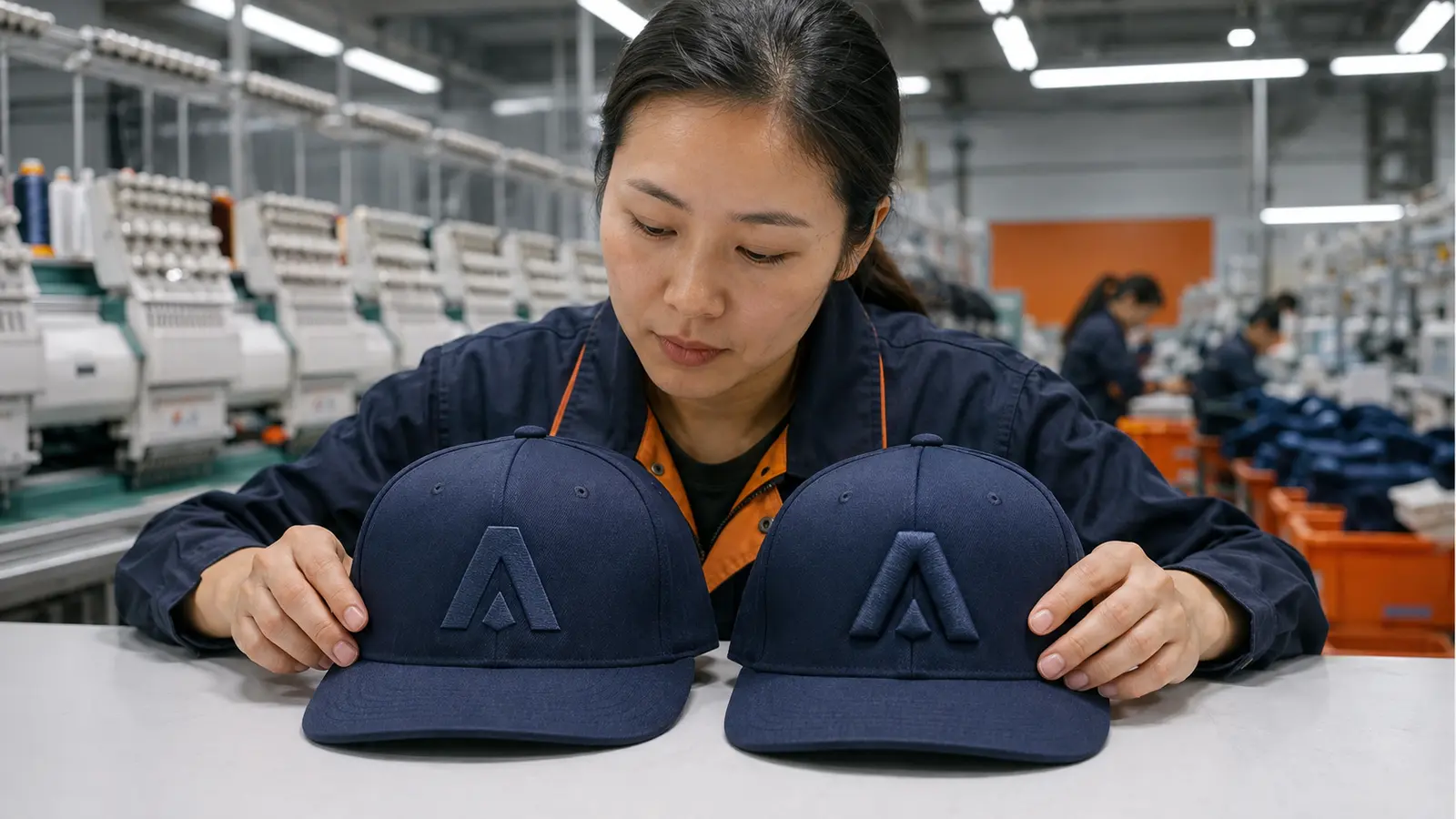Flat embroidery and 3D puff embroidery compared on two unbranded structured caps. Illustrative image—replace with verified JIUMU photography when available.