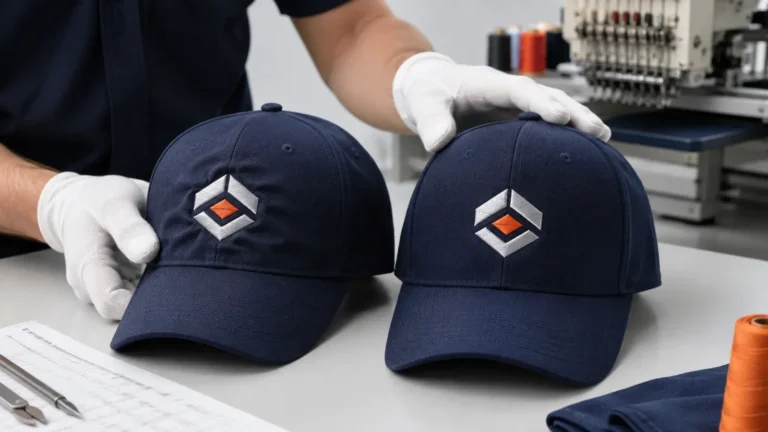 Two embroidered caps compared for puckering and smooth logo finish