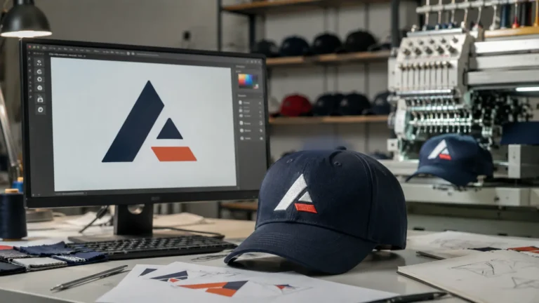 Vector logo artwork and finished embroidery on a custom baseball cap. Illustrative image—replace with verified JIUMU photography when available.