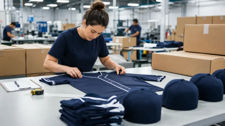 Pre-shipment inspection of custom apparel and hats. Illustrative image—replace with verified JIUMU photography when available.