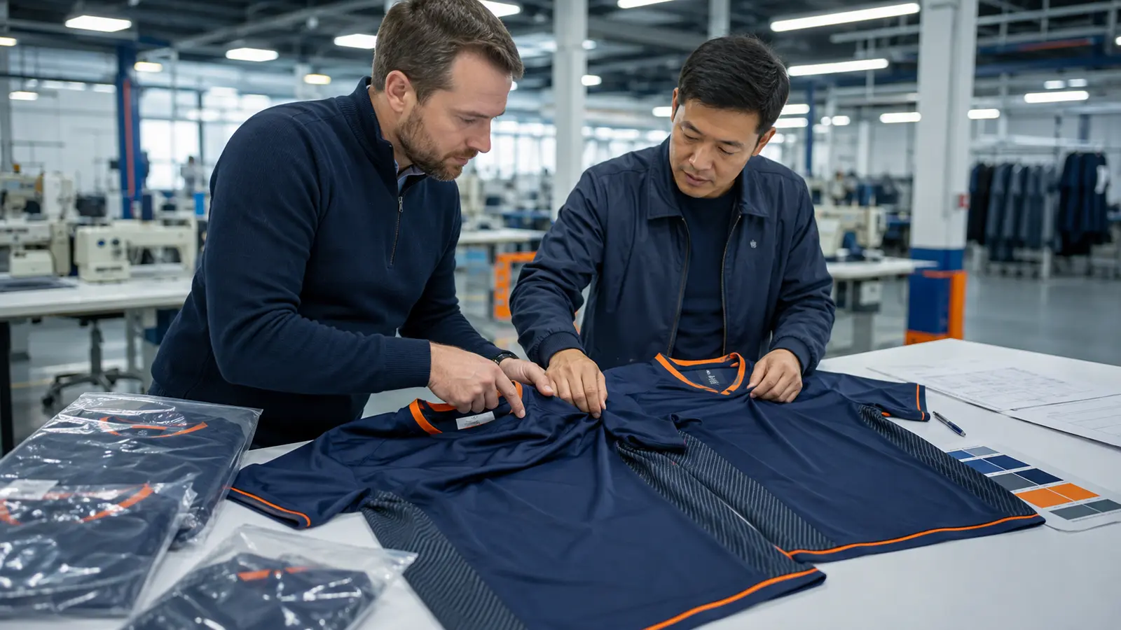 First production order and repeat teamwear order being compared against controlled records. Illustrative image—replace with verified JIUMU photography when available.