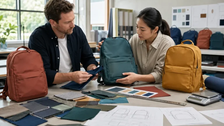 Buyer and backpack technician comparing prototypes and fabric swatches