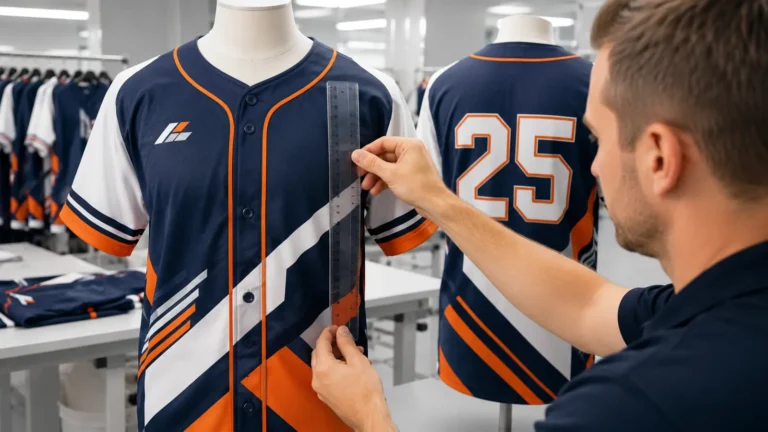 A quality inspector reviewing the front and back alignment of a sublimated baseball jersey