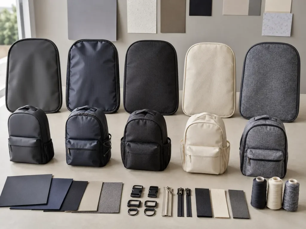 Five distinct school backpack material directions on a sourcing table
