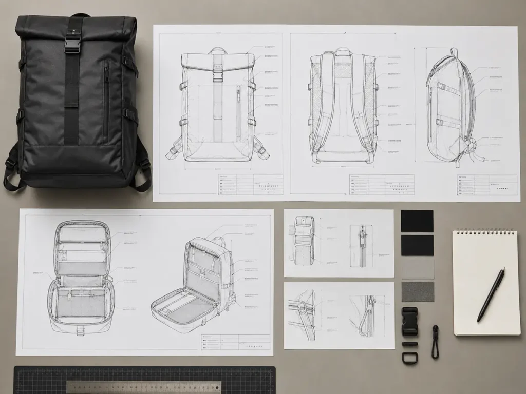 Front, back, side, and open-interior technical drawings beside a backpack sample