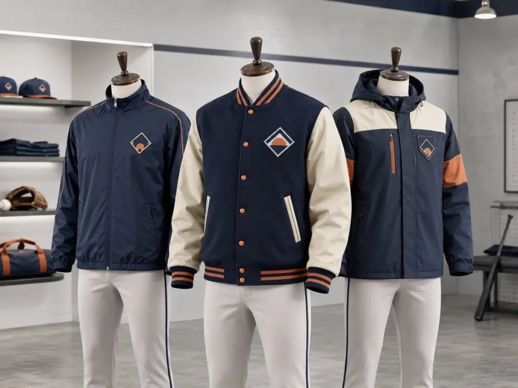 Different jacket constructions serve warm-up, team identity and weather-protection needs.