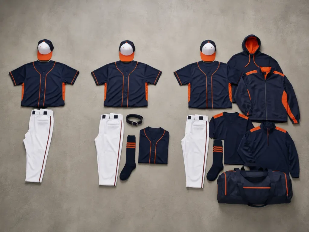 Three coordinated baseball uniform package levels from basic to tournament use