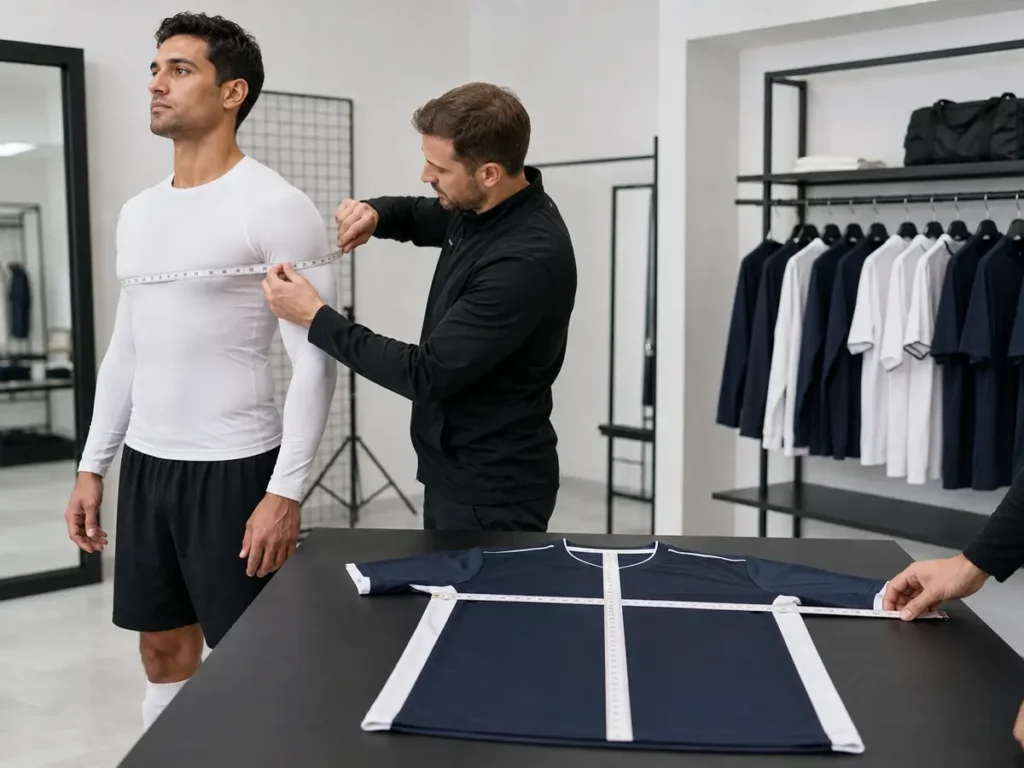 Body measurements select a wearer range; garment measurements define the physical jersey produced for that range.