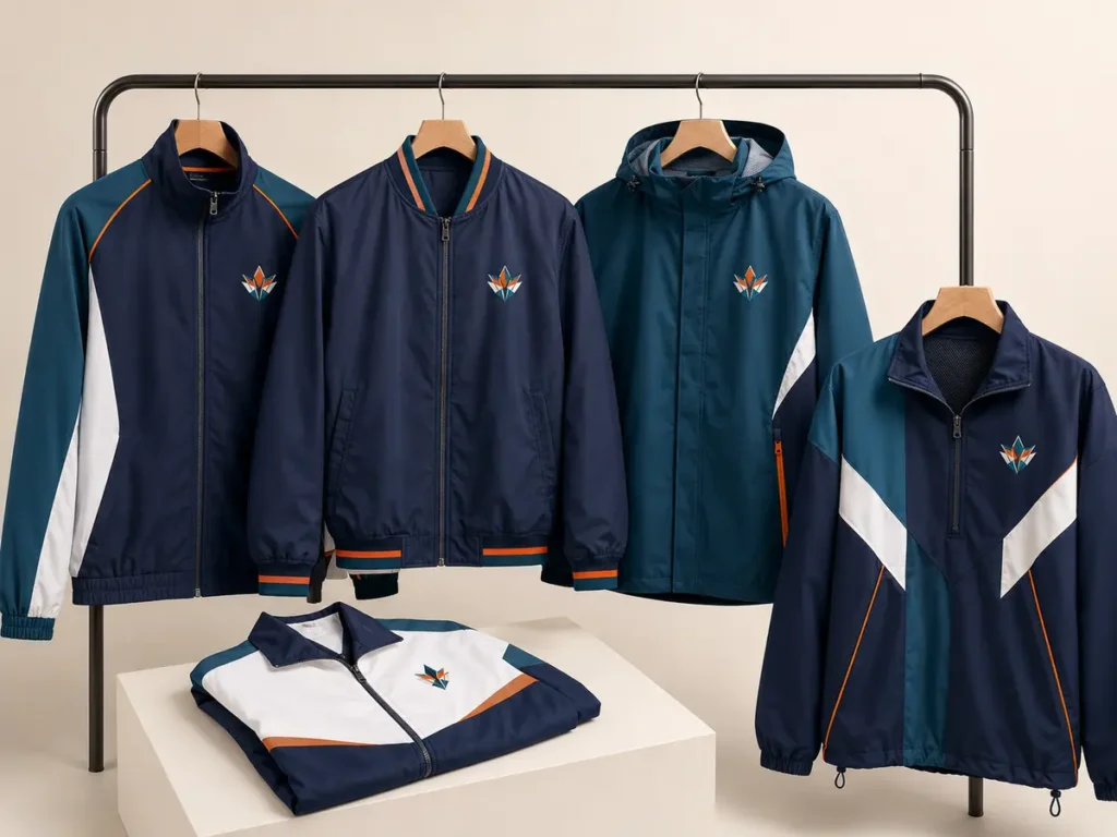 Coordinated collection of color guard jacket styles on a studio garment rack