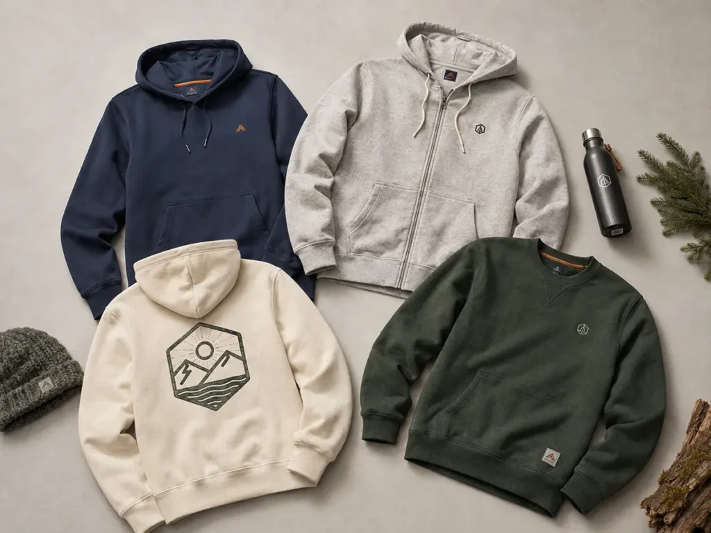 A unified palette can support several hoodie concepts without making every item identical.
