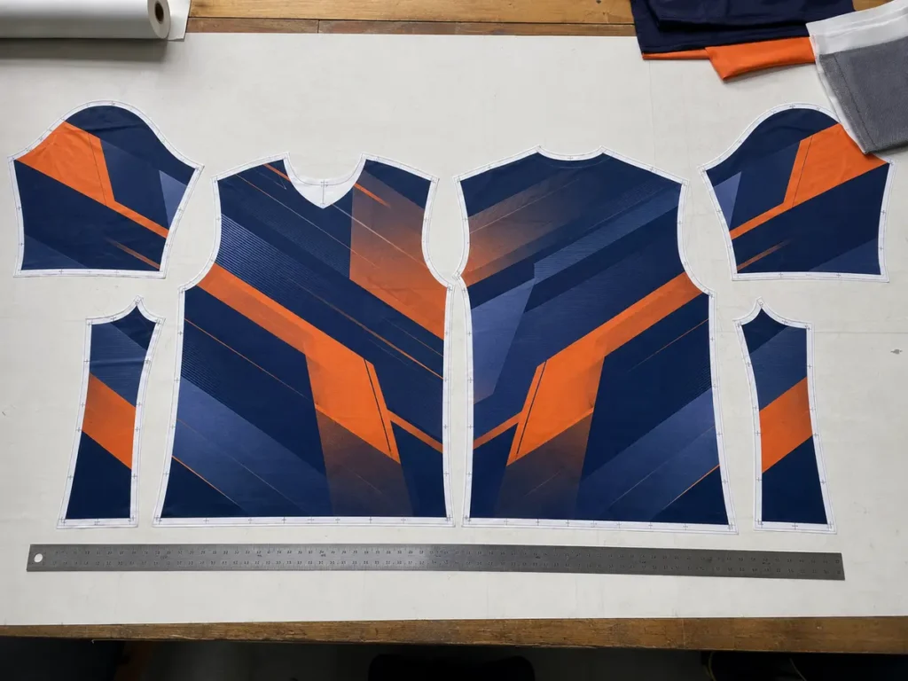 Engineered jersey graphics mapped to full-size pattern pieces before printing