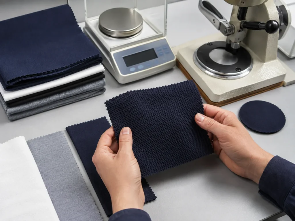 Illustrative material verification. Actual production approval should identify the fabric article, composition and agreed verification method.
