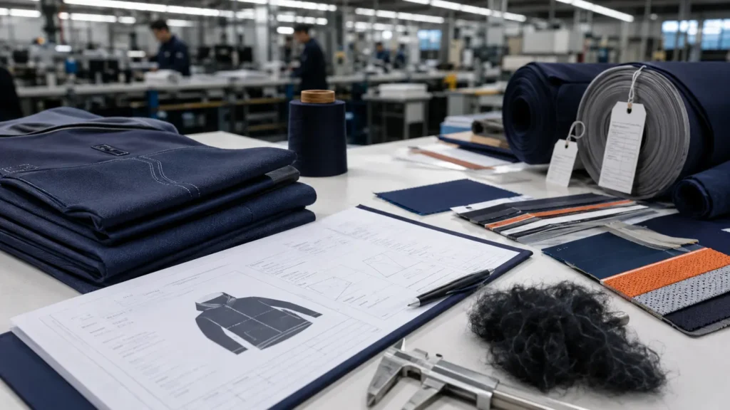 Fabric BOM showing composition, construction, GSM, width and supplier article details. Illustrative image—replace with verified JIUMU photography when available.