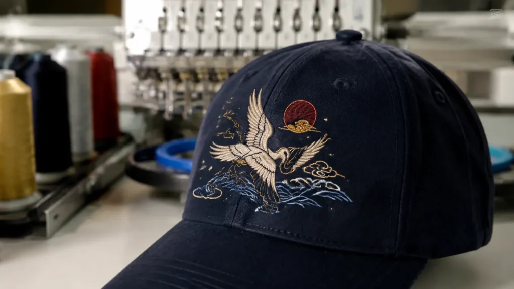 Close-up of fine-detail flat embroidery on an unbranded custom hat. Illustrative image—replace with verified JIUMU photography when available.