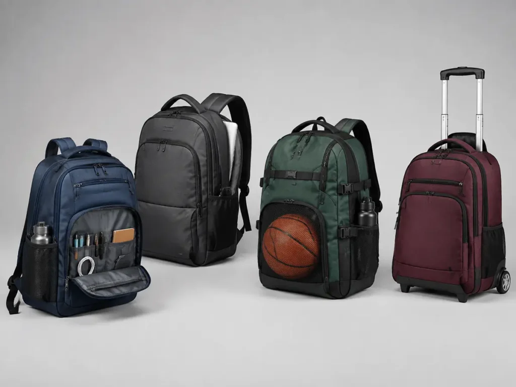 Four large school backpack formats including academic, laptop, sports and rolling designs