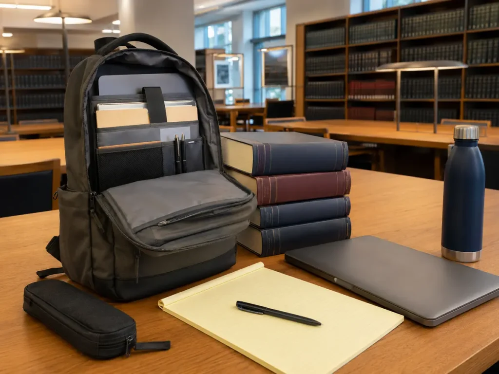 Law school backpack with books and laptop