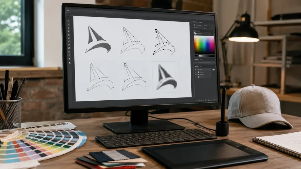 Common vector and raster logo files being prepared for cap embroidery. Illustrative image—replace with verified JIUMU photography when available.