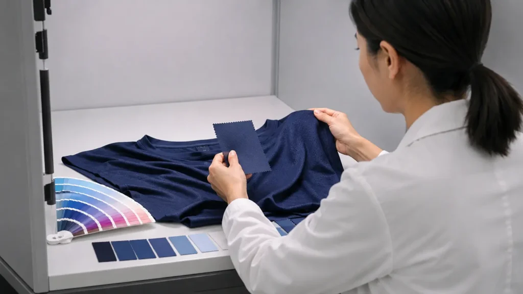 Pantone target being checked against an approved physical teamwear fabric standard. Illustrative image—replace with verified JIUMU photography when available.