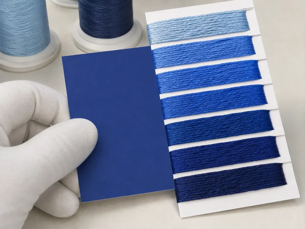 A paper or textile color target and a real-yarn thread card are different objects; compare them physically before approving a stock thread code.
