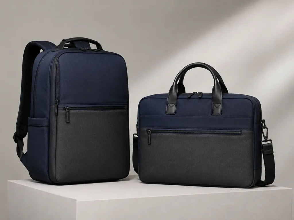 Studio comparison of a professional backpack and briefcase