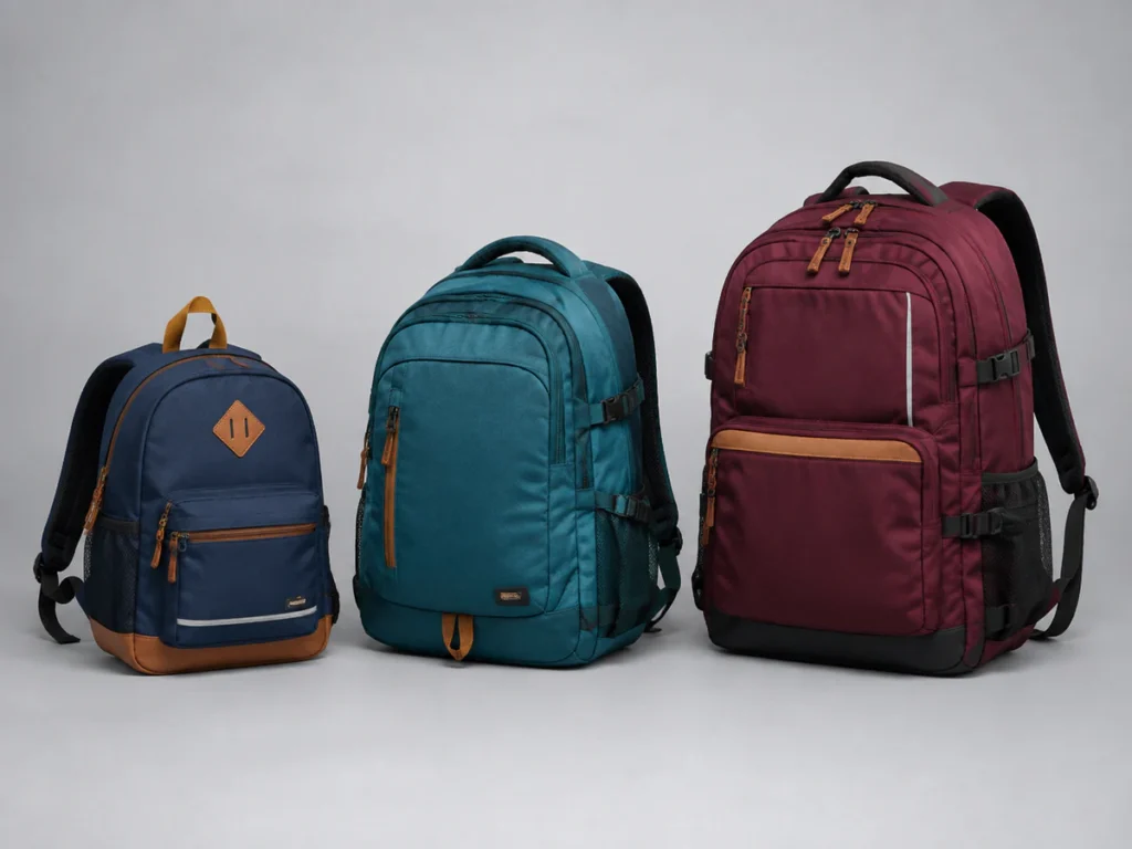 Three school backpack sizes designed for elementary, middle and high school students