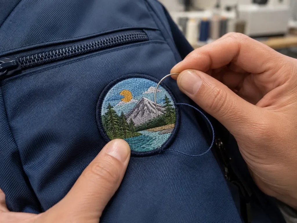 Hand sewing an embroidered patch onto a backpack
