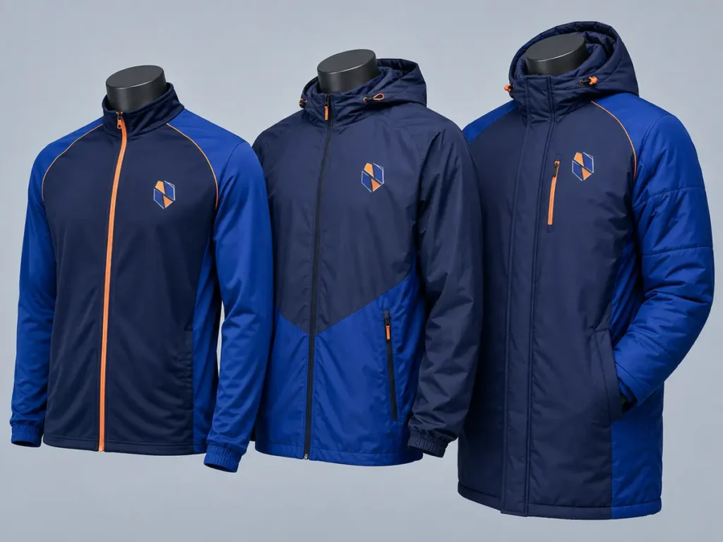 Lightweight training, woven shell, and insulated bench jackets can use one coordinated design language.