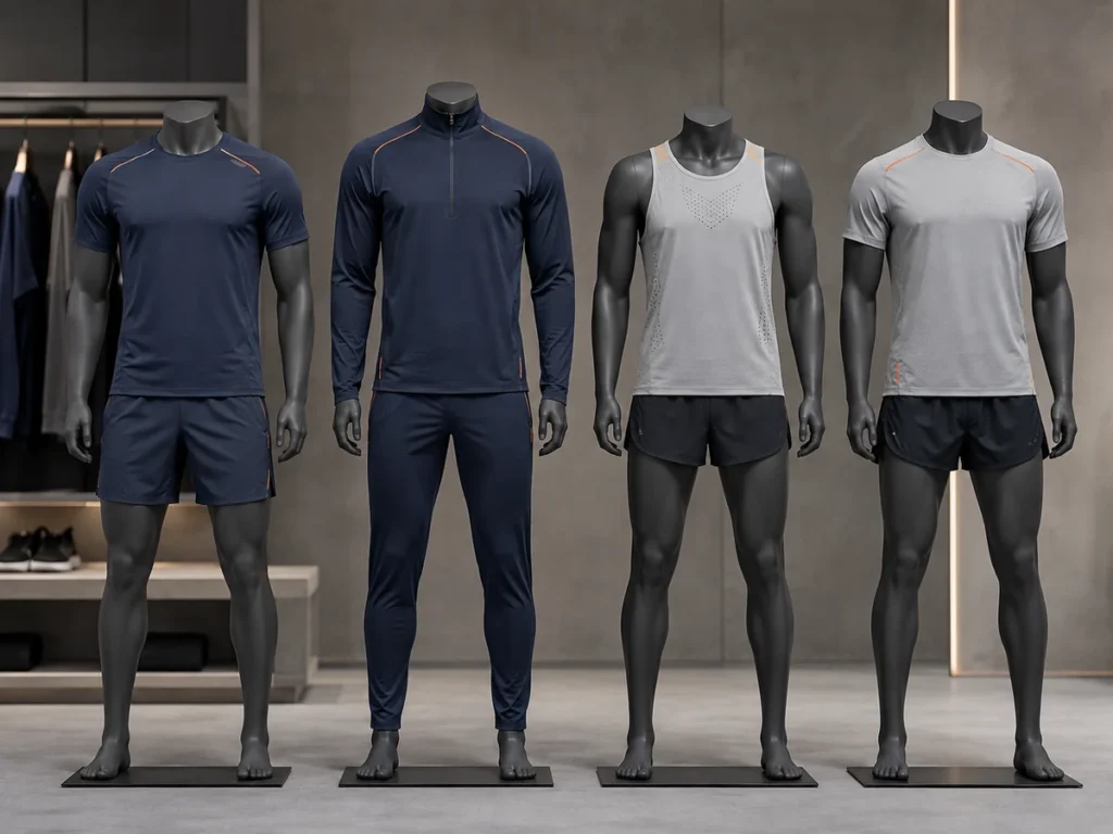 Different silhouettes help buyers separate training and running apparel ranges.