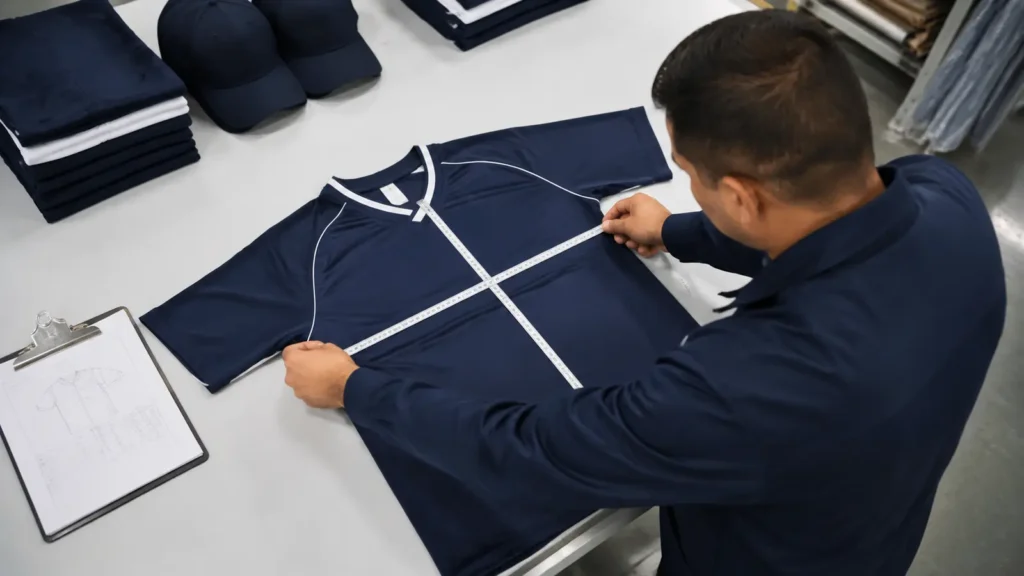 Inspector measuring a custom jersey against the approved size specification. Illustrative image—replace with verified JIUMU photography when available.