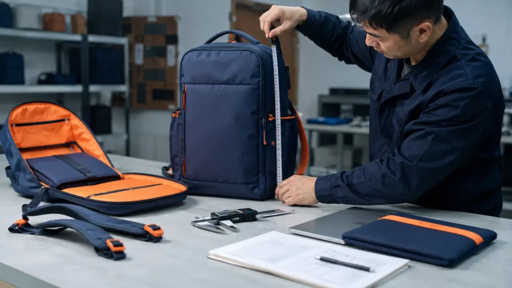 A technician measuring backpack height, width, depth, straps, handle, and compartments