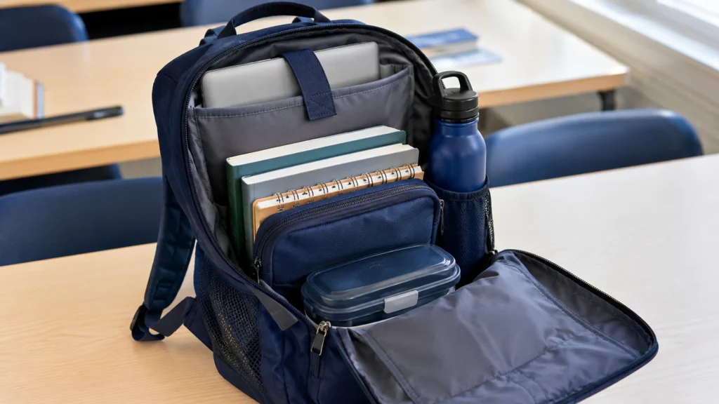 Organized school backpack with laptop sleeve, textbooks, notebooks, lunch box and water bottle