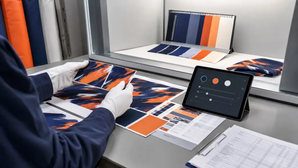 A color target becomes reproducible only when it is connected to the actual fabric and production process.