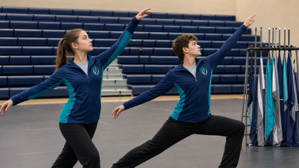 Two color guard performers testing overhead reach and shoulder mobility in team jackets