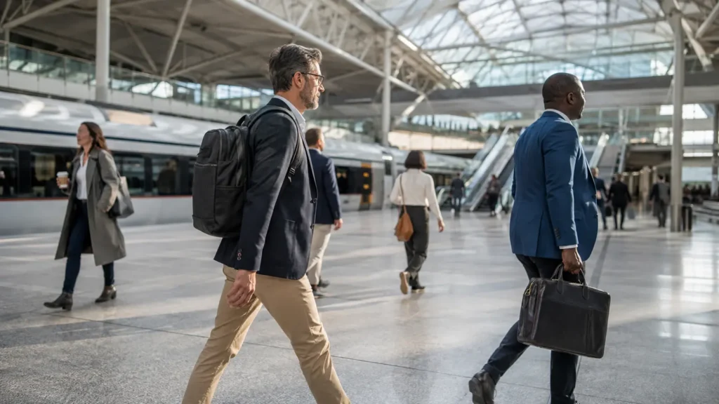Business travelers carrying a backpack and briefcase in transit
