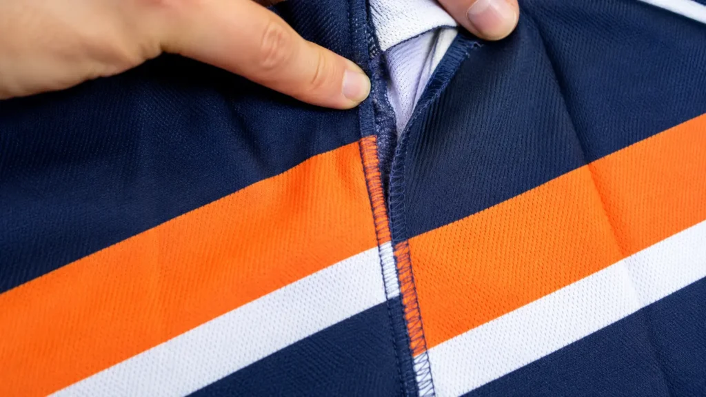 Close-up showing a small but controlled stripe step at a finished jersey side seam