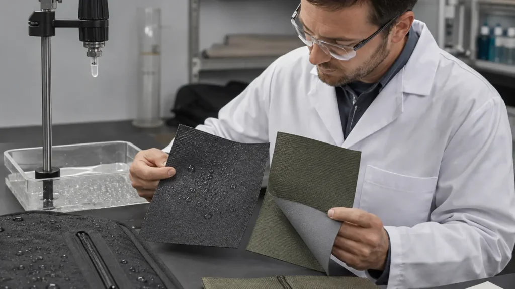 Technician examining yarn size, weave and fabric mass
