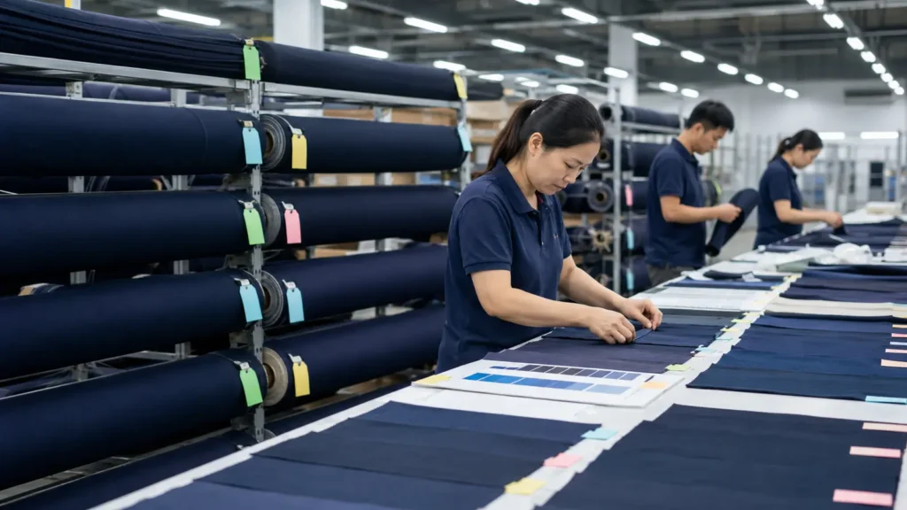 Fabric rolls being shade-grouped by dye lot before repeat-order cutting. Illustrative image—replace with verified JIUMU photography when available.