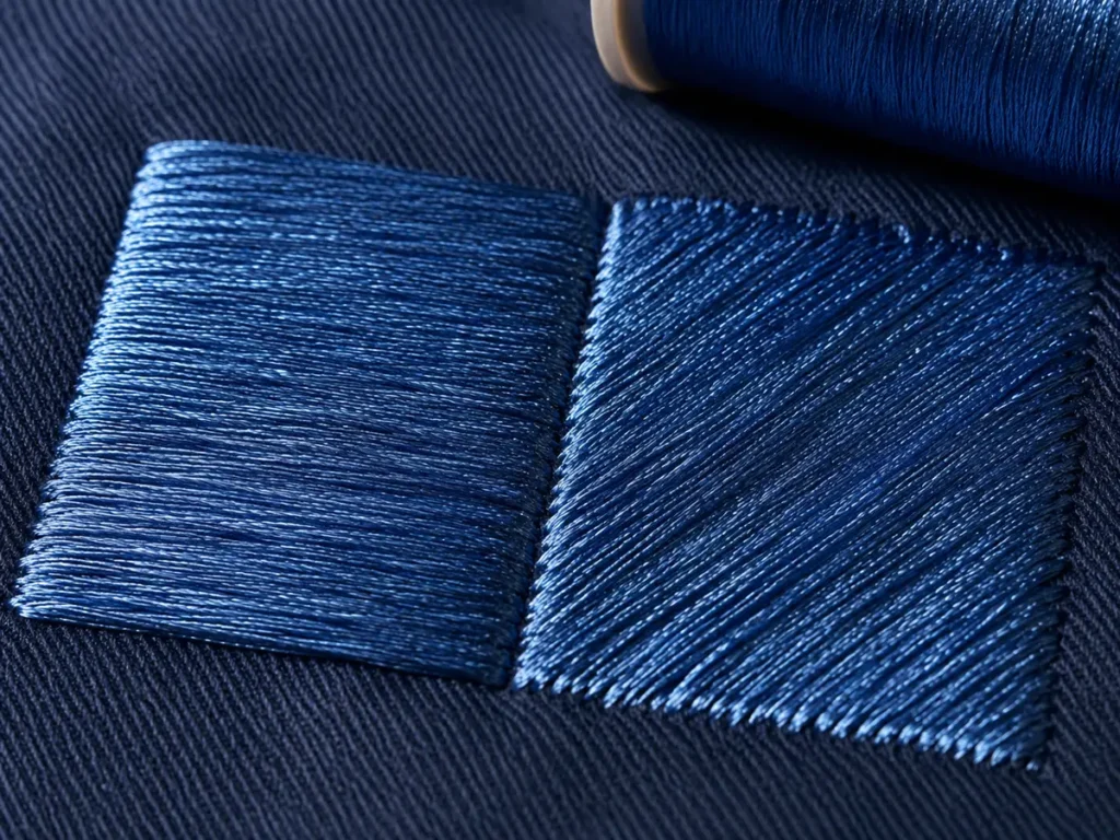 The same glossy thread produces different highlights when the stitch angle changes.